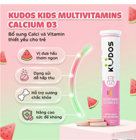 Viên sủi bổ sung calci và vitamin cho trẻ em Kudos Kids Multivitamins Plus Calcium & D3 hương dưa hấu (20 viên)