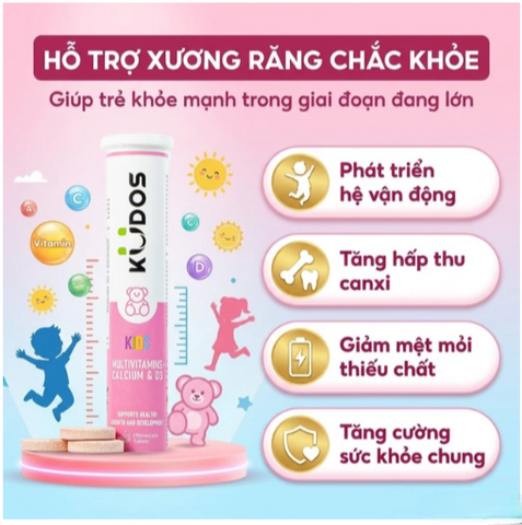 Viên sủi bổ sung calci và vitamin cho trẻ em Kudos Kids Multivitamins Plus Calcium & D3 hương dưa hấu (20 viên)
