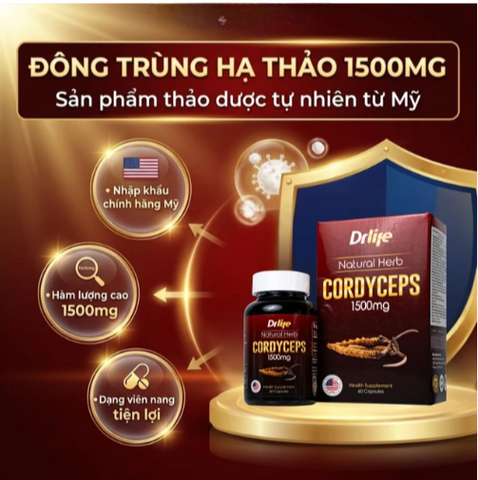 Viên uống Đông Trùng Hạ Thảo tăng cường sức đề kháng, giảm mệt mỏi DrLife Cordyceps 1500mg (60 viên)