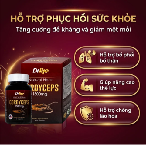 Viên uống Đông Trùng Hạ Thảo tăng cường sức đề kháng, giảm mệt mỏi DrLife Cordyceps 1500mg (60 viên)
