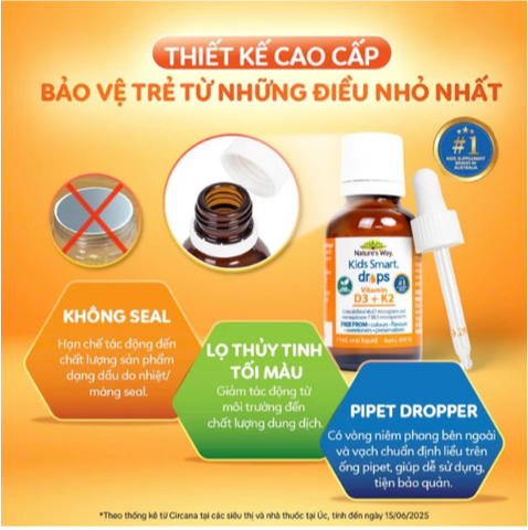 Siro hỗ trợ hấp thu canxi, giúp xương, răng chắc khỏe Nature's Way Kids Smart Drops Vitamin D3+K2 (Hộp 11ml)