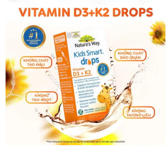 Siro hỗ trợ hấp thu canxi, giúp xương, răng chắc khỏe Nature's Way Kids Smart Drops Vitamin D3+K2 (Hộp 11ml)