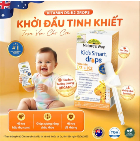 Siro hỗ trợ hấp thu canxi, giúp xương, răng chắc khỏe Nature's Way Kids Smart Drops Vitamin D3+K2 (Hộp 11ml)