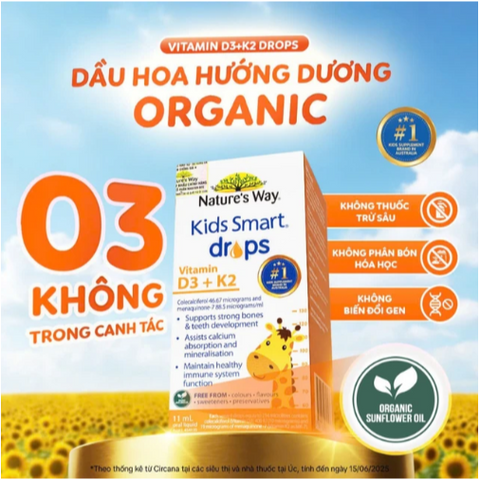 Siro hỗ trợ hấp thu canxi, giúp xương, răng chắc khỏe Nature's Way Kids Smart Drops Vitamin D3+K2 (Hộp 11ml)