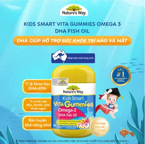 Viên nhai hỗ trợ bổ não Kids Smart Vita Gummies Omega-3 DHA Fish Oil Nature's Way (60 viên)