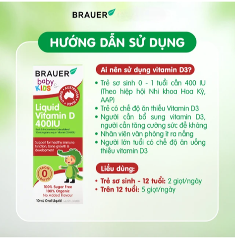 Siro bổ sung vitamin D3 tăng cường hấp thụ canxi Brauer Baby & Kids Liquid Vitamin D 400IU (10ml)