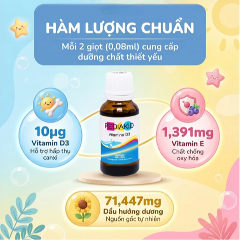 Siro hỗ trợ tăng hấp thụ canxi Pediakid Vitamin D3 (20ml)