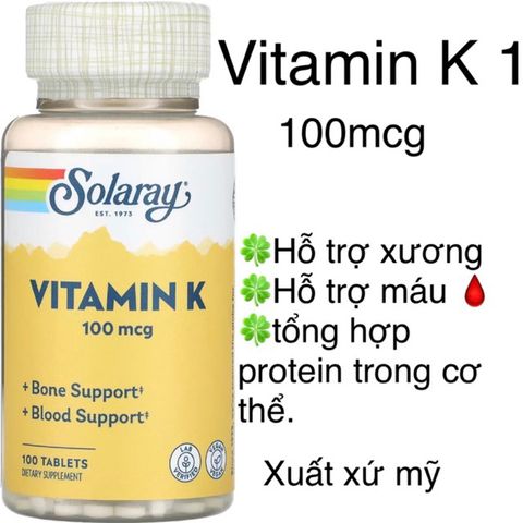 [MỸ] Viên vitamin K 1 ( phylloquinone) 100mcg Solaray 100 viên Bổ sung chế độ ăn uống, thuần chay.