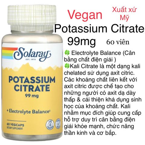 [MỸ] Viên Potassium Citrate 99 mg vegan 60 viên Solaray  hỗ trợ cân bằng điện giải khỏe mạnh, chức năng thần kinh cơ bắp