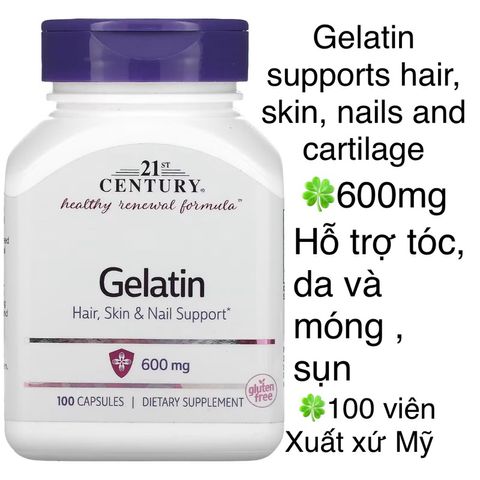 [MỸ] Viên Gelatin supports hair, skin, nails and cartilage 600mg 21st Century 100 viên Hỗ trợ tóc, da và móng