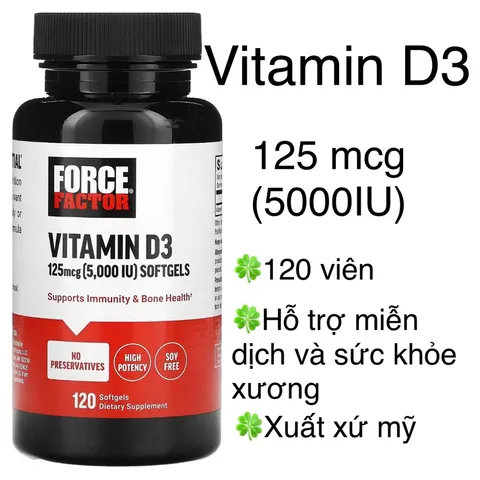 [MỸ] viên vitamin D3 125mcg / 5000 IU , 120 viên Force Factor Hỗ trợ miễn dịch và sức khỏe xương