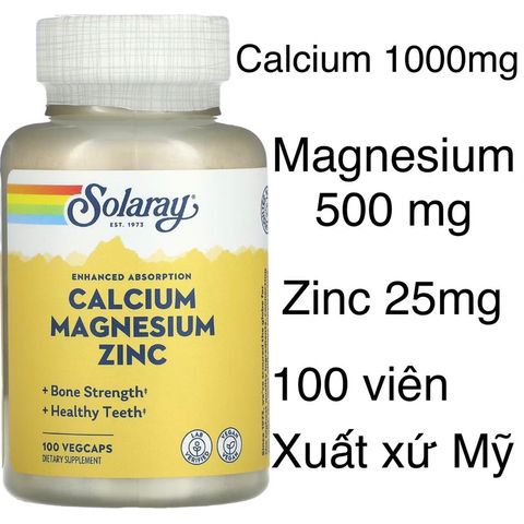 [MỸ] Viên Calcium 1000 mg , Magnesium 500mg  Zinc 25mg Solaray 100 viên