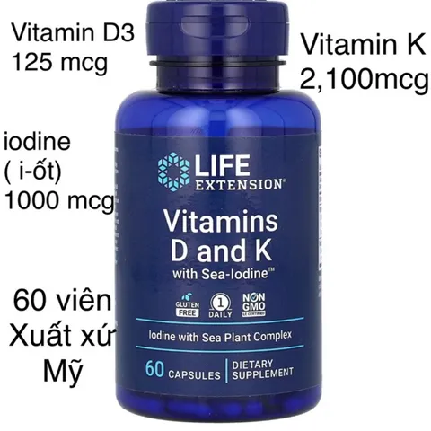 [MỸ] viên vitamin D & K with  Sea-Iodine ( i-ốt) 60 viên Life Extension bổ sung vitamin khoáng chất cơ thể