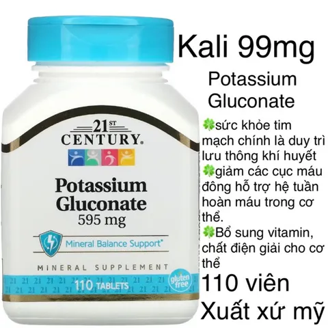 [MỸ] Viên Potassium Gluconate 595 mg 110 viên 21st century giúp bổ sung khoáng chất cho cơ thể (99mg kali )