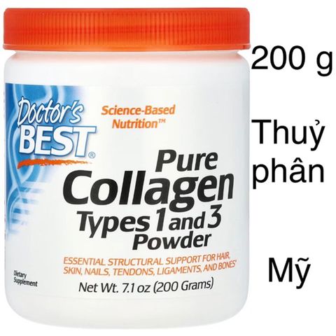 [MỸ] Bột Pure Collagen thuỷ phân types 1 & 3 200g Doctor’s Best Hỗ trợ cấu trúc thiết yếu cho tóc, da, móng, gân, xương.