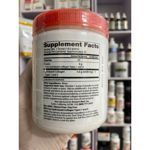 [MỸ] Bột Pure Collagen thuỷ phân types 1 & 3 200g Doctor’s Best Hỗ trợ cấu trúc thiết yếu cho tóc, da, móng, gân, xương.