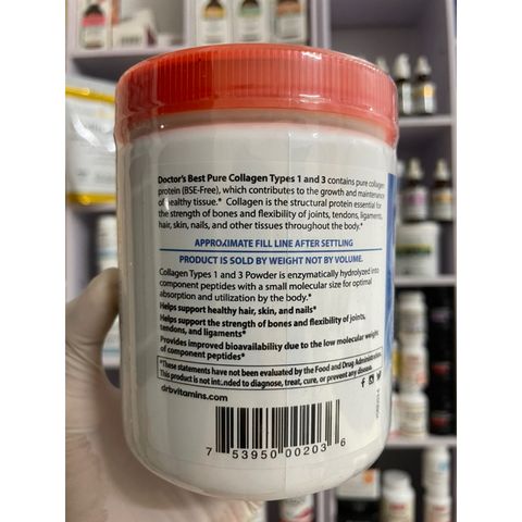 [MỸ] Bột Pure Collagen thuỷ phân types 1 & 3 200g Doctor’s Best Hỗ trợ cấu trúc thiết yếu cho tóc, da, móng, gân, xương.