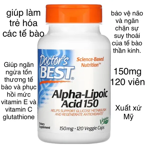 [MỸ] Viên Alpha-lipoic acid (ALA) 150mg, 120 viên Doctor’s Best làm trẻ hóa các tế bào phục hồi vitamin E, C glutathione