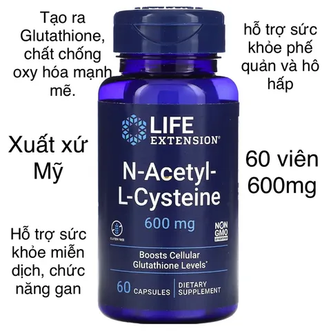 [MỸ] Viên N-acetyl-L-cysteine 600mg , 60 viên Life Extension Tăng mức độ Glutathione trong tế bào. Hỗ trợ gan phế quản