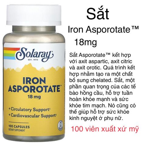 [MỸ] Viên Iron Asporotate™ 18mg 100 viên Solaray bổ sung vitamin sắt khoáng chất cho cơ thể