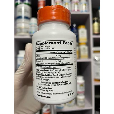 [MỸ] viên Lutein with Lutemax® 2020 20mg 60 viên Doctor's Best hỗ trợ tăng cường thị lực