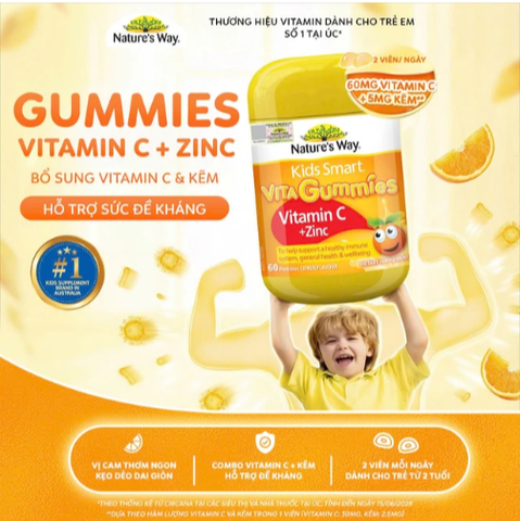 Viên nhai hỗ trợ sức đề kháng Kids Smart Vita Gummies Vitamin C + Zinc Nature's Way (60 viên)