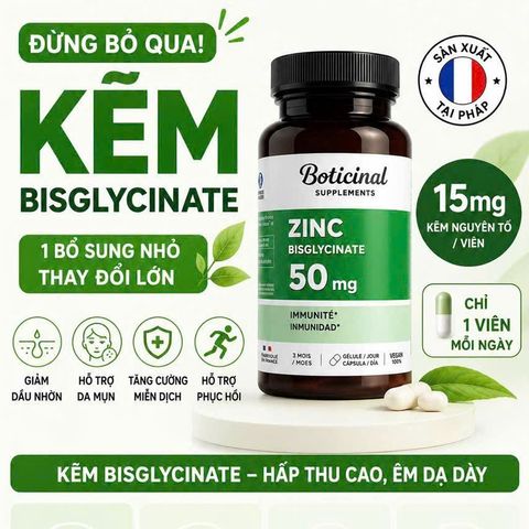 Kẽm thuần chay Zinc Bisglycinate 50mg Boticinal Pháp 100 viên