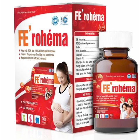 Viên uống Fe' Rohéma fe folic bổ sung sắt và acid folic, giảm thiếu máu do thiếu sắt, hỗ trợ quá trình tạo máu 30viên ds