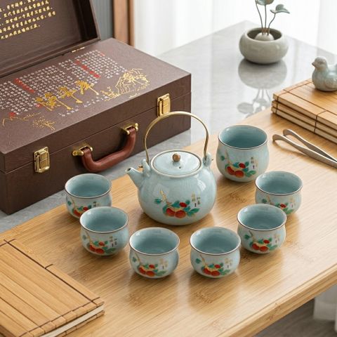 Bộ Ấm Trà Sứ Men Ngọc Băng Rạn – Họa Tiết Quả Hồng Sự Sự Như Ý 773639