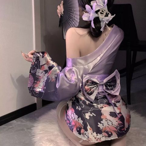 Đồ Ngủ Kimono Nhật Bản Xẻ Ngực Gợi Cảm Sang Trọng Cosplay Sexy Áo Choàng Ngủ Lụa Hoa Anh Đào Quyến Rũ - N841 Tím
