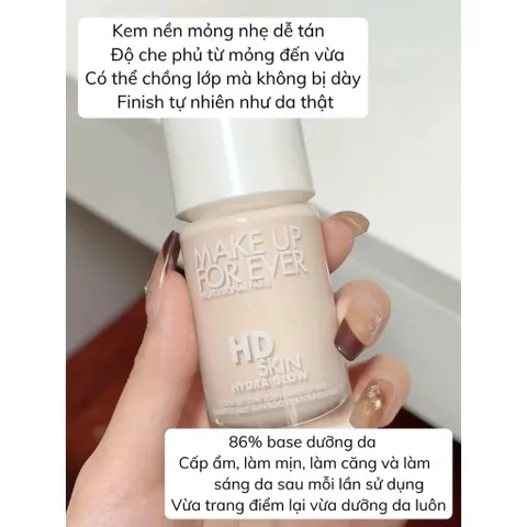 Kem Nền Make Up For Ever HD Skin Hydra Glow 30ml - Giúp Da Căng Bóng, Dưỡng Ẩm 24h, Lâu Trôi tone 1N00 da sáng tự nhiên