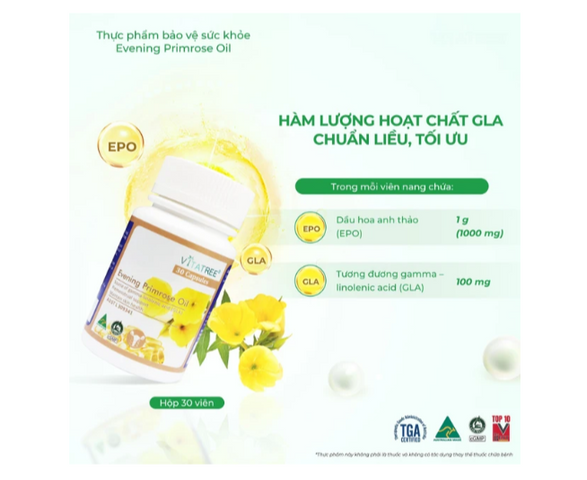 Viên uống hỗ trợ giảm triệuu chứngg của tiền kinh nguyệt Vitatree Evening Primrose Oil (Hộp 30 viên)