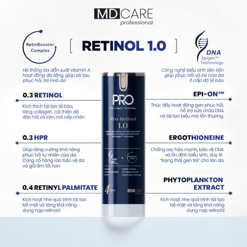 Kem Dưỡng Tái Tạo Và Cải Thiện Nếp Nhăn MD CARE Pro-Retinol 1.0 chai 30ml [hàng công ty]