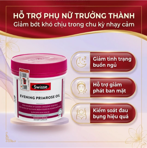 Viên uống hỗ trợ giảm triệuu chứngg tiền kinh nguyệt Evening Primrose Oil Swisse (200 viên)