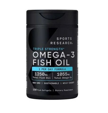 Viên uống Dầu cá Omega-3 Sports Research® 1250mg - hỗ trợ bổ sung dầu cá ba lần mạnh từ cá tuyết hoang dã của Mỹ