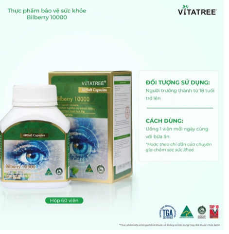 Viên uống hỗ trợ duy trì sức khoẻ của mắt và tăng cường thị lực Vitatree Bilberry 10000 (Hộp 60 viên)