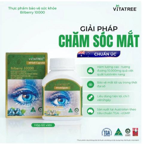 Viên uống hỗ trợ duy trì sức khoẻ của mắt và tăng cường thị lực Vitatree Bilberry 10000 (Hộp 60 viên)