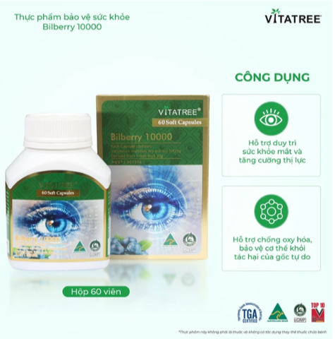 Viên uống hỗ trợ duy trì sức khoẻ của mắt và tăng cường thị lực Vitatree Bilberry 10000 (Hộp 60 viên)