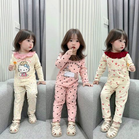 Bộ thun dài tay hello kitty puppy hoa nhí cổ bèo xinh xắn điệu đà co giãn dễ thương thu đông phong cách hàn quốc cho bé gái