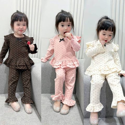 Bộ thun dài tay bèo chấm bi đính nơ xinh xắn dễ thương điệu đà thu đông cho bé gái phong cách hàn quốc
