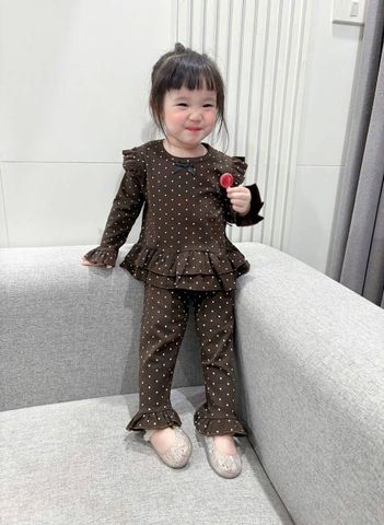 Bộ thun dài tay bèo chấm bi đính nơ xinh xắn dễ thương điệu đà thu đông cho bé gái phong cách hàn quốc