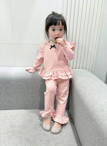 Bộ thun dài tay bèo chấm bi đính nơ xinh xắn dễ thương điệu đà thu đông cho bé gái phong cách hàn quốc