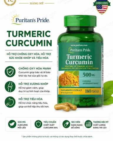Hàng Mỹ - Puritan's Pride Turmeric Curcumin 500mg 180 Viên - Hỗ Trợ Xương Khớp Và Chống Oxy Hóa