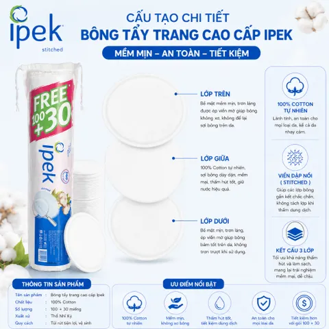 Combo 20 bông tẩy trang Ipek 150 miếng chính hãng mềm mịn bông cotton 20X150 miếng