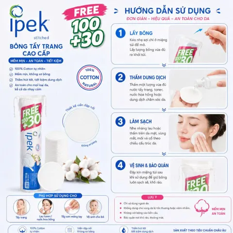 Set 4 gói bông tẩy trang chính hãng Ipek 150 miếng Combo 4 gói cotton mềm mịn không xơ bông
