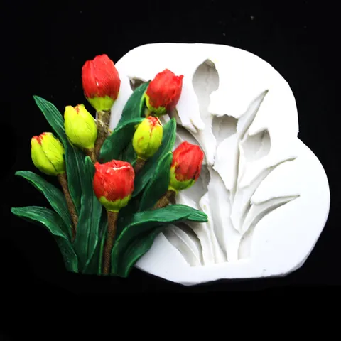 Khuôn silicon làm rau câu chùm 7 hoa Tulip kèm lá - Loại 11 cm - Mã số 1704 776514