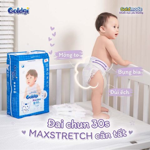 Tã dán Goldgi Premium cao cấp mỏng nhẹ, mềm mại như nhung, siêu thoáng chống tràn đủ size chính hãng