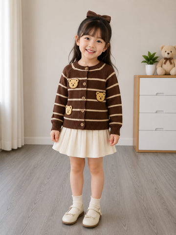 Hàng QC- Áo len kẻ gấu cute đáng yêu dễ thương nâu cardigan vintage hàn quốc mùa đông cho bé gái