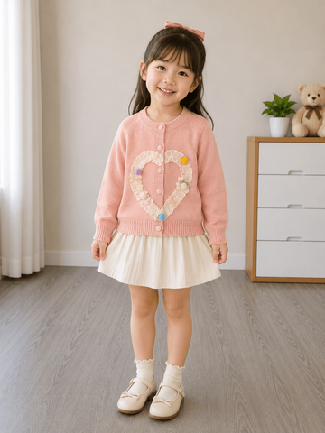 Hàng QC - Áo len cardigan trái tim nơ ren xinh xắn dễ thương ấm áp dày dặn mùa đông cho bé gái phong cách hàn quốc
