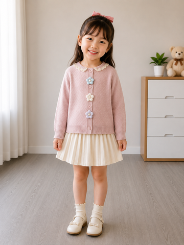 Hàng QC- Áo len cardigan đính hoa cổ ren xinh xắn dễ thương vintage hàn quốc mùa đông cho bé gái